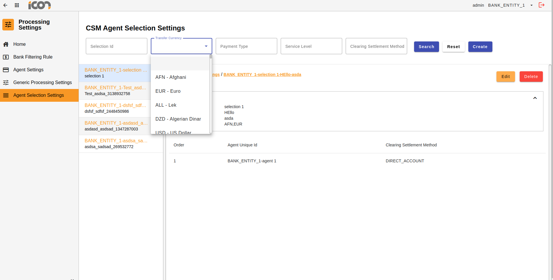 selection settings search